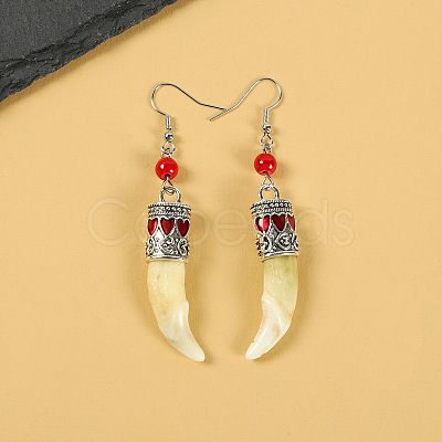 Natural Gemstone Wolf Tooth Shape Dangle Earrings with Real Tibetan Mastiff Dog Tooth FX9729-4-1