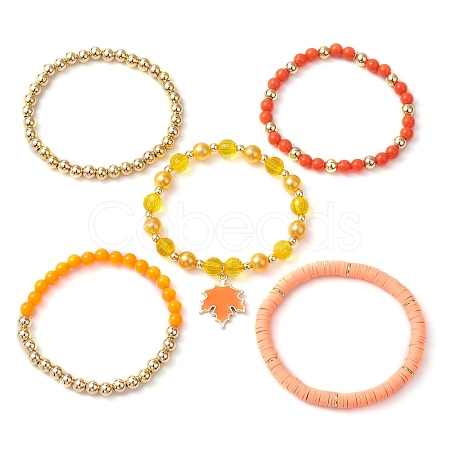 5Pcs 5 Styls Autumn Acrylic & Polymer Clay & Plastic Round Beaded Stretch Bracelet Sets BJEW-JB10972-1