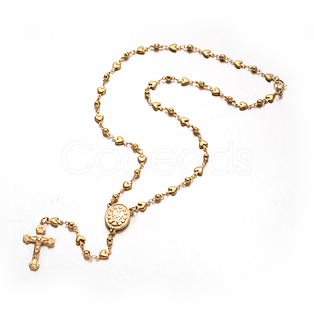 Crucifix Cross with Oval Rosary Bead Necklace NJEW-E070-33G-1