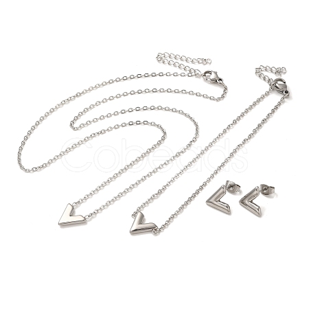 Non-Tarnish Letter V 304 Stainless Steel Pendant Necklaces & Bracelets & Stud Earrings Sets for Women SJEW-C004-04P-1