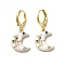 Crescent Moon Real 18K Gold Plated Brass Dangle Leverback Earrings, with Enamel and Cubic Zirconia, White, 29.5x13mm