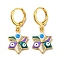 Real 18K Gold Plated Brass Dangle Leverback Earrings, with Enamel and Cubic Zirconia, Evil Eye, Blue Violet, 30.5x13mm