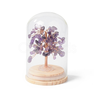 Natural Amethyst Chips Money Tree in Dome Glass Bell Jars with Wood Base Display Decorations DJEW-B007-04G-1