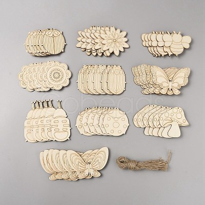 60Pcs 10 Style Spring theme Butterfly/Ladybird/Flower Unfinished Wood Pieces DIY-CJC0012-01-1