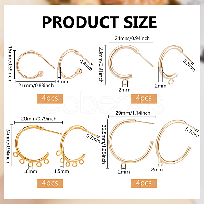 BENECREAT 16Pcs 4 Style Brass Ring Stud Earring Findings KK-BC0013-48-1