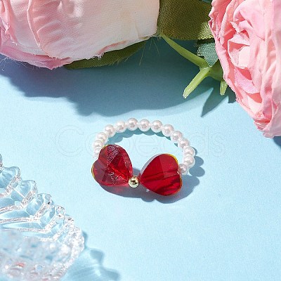 Heart Bowknot Transparent Glass & Shell Pearl Beaded Finger Rings RJEW-TA00123-1