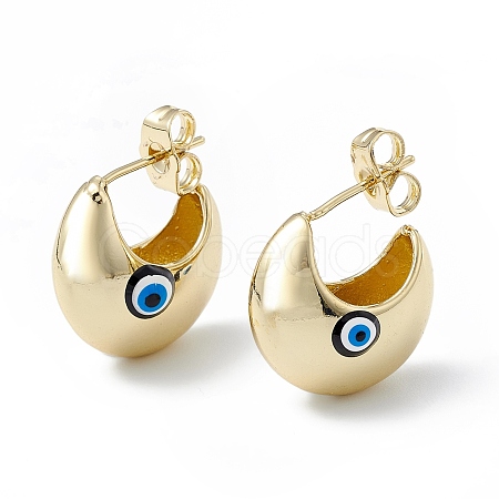 Enamel Crescent Moon with Evil Eye Stud Earrings EJEW-A093-01G-01-1