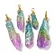 Electroplated Raw Rough Natural Quartz Crystal Big Pendants, Nuggets Charms with Copper Wire Loops, Golden, Colorful, 40~48x13~23x10~20mm, Hole: 4.5~5mm