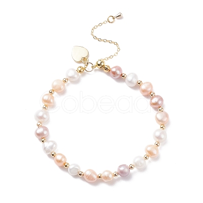 Natural Pearl Beaded Bracelet with Brass Heart Charm for Women BJEW-JB08165-01-1