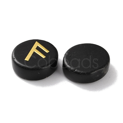 Brass Elder Futhark Alphabet Engraved Symbol Flat Round Natural Obsidian Rune Stones G-I373-01H-1