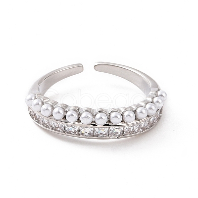 Clear Cubic Zirconia Open Cuff Ring with ABS Plastic Imitation Pearl Beaded RJEW-G283-01P-1