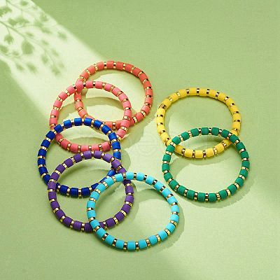 7Pcs 7 Colors Column Polymer Clay Stretch Beaded Bracelets BJEW-JB08764-1