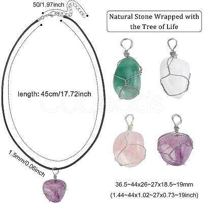 BENECREAT 4Pcs 4 Style Natural Gemstone Wire Wrapped Pendant Necklaces NJEW-BC0001-05-1