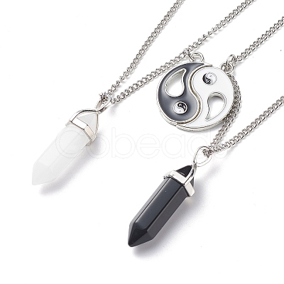 2Pcs 2 Style Natural White Jade & Black Obsidian Bullet Pendant Necklaces Set NJEW-JN03994-03-1