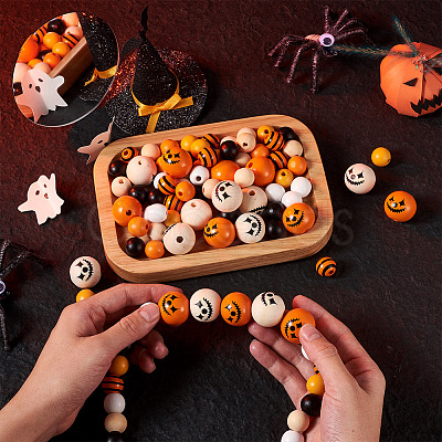 Craftdady 140Pcs Halloween Theme Painted Natural Wood Beads WOOD-CD0001-19-1