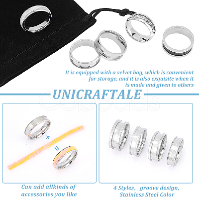 Unicraftale 24Pcs 4 Size 201 Stainless Steel Grooved Finger Ring Settings STAS-UN0048-53-1