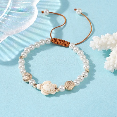 Adjustable Synthetic Turquoise & ABS Plastic Pearl Braided Bead Bracelet BJEW-JB10101-01-1