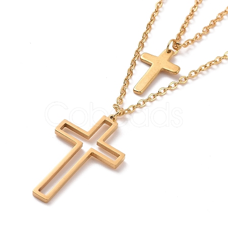 Stainless Steel Hollow Out Cross Pendant Double Layer Necklace with Cable Chains for Men Women NJEW-E088-01G-1