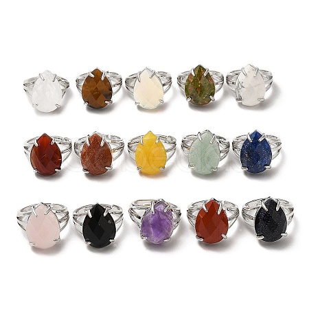 Synthetic & Natural Mixed Gemstone Teardrop Adjustable Rings RJEW-K241-03P-1