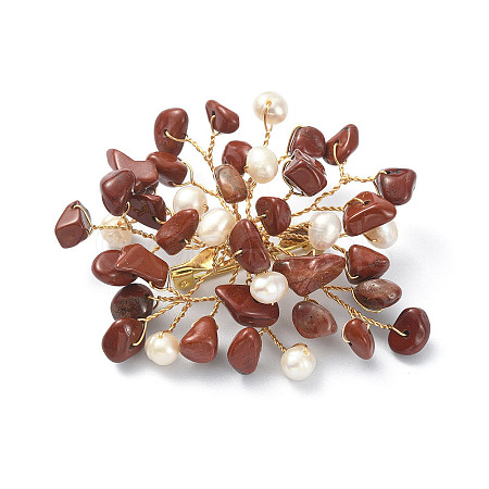 Natural Red Jasper Chips & Pearl Beaded Flower Brooch Pin JEWB-BR00098-02-1