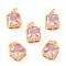 Real 18K Gold Plated Brass Inlaid Cubic Zirconia Charms, with Jump Ring, Long-Lasting Plated, Square, Pink, 9.5x7x4mm, Jump Ring: 4x0.5mm, 2.5mm Inner Diameter