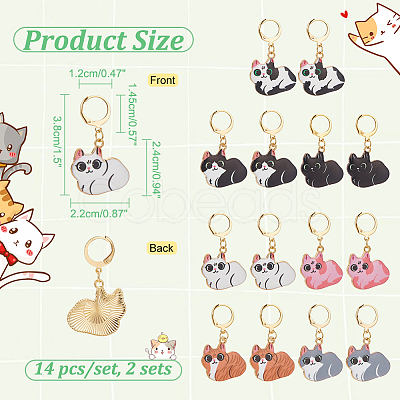 14Pcs 7 Style Cat Alloy Enamel Pendant Locking Stitch Markers HJEW-AB00137-1