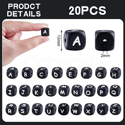 20Pcs Black Cube Letter Silicone Beads 12x12x12mm Square Dice Alphabet Beads with 2mm Hole Spacer Loose Letter Beads for Bracelet Necklace Jewelry Making JX433R-1