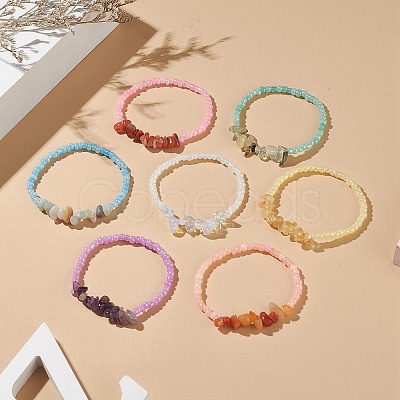 7Pcs 7 Style Natural & Synthetic Mixed Gemstone Chips & Glass Seed Beaded Stretch Bracelets Set for Women BJEW-JB09207-1