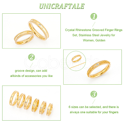 Unicraftale 12Pcs 6 Size Crystal Rhinestone Grooved Finger Rings Set RJEW-UN0002-72G-1