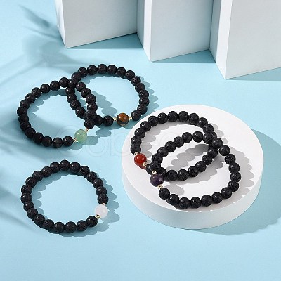 Natural Lava Rock & Mixed Gemstone Round Beaded Stretch Bracelet BJEW-JB09418-1