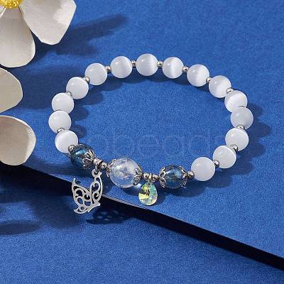 Cat Eye Beaded Stretch Bracelet with 201 Stainless Steel Butterfly Charms BJEW-JB10116-1