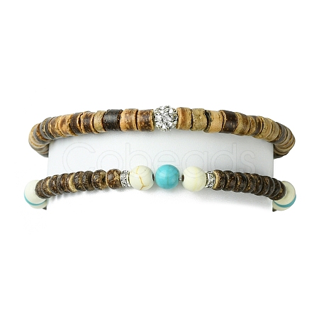2Pcs 2 Style Synthetic Turquoise Round & Natural Coconut Disc Beaded Stretch Bracelets Set BJEW-JB09807-1