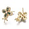 Brass Micro Pave Green Cubic Zirconia Stud Earring Findings, for Half Drilled Bead, Nickel Free, 4 Leaf Clover, Real 18K Gold Plated, 17.5x12.5mm, Pin: 0.7mm, Pin: 0.8mm(for half drilled beads)