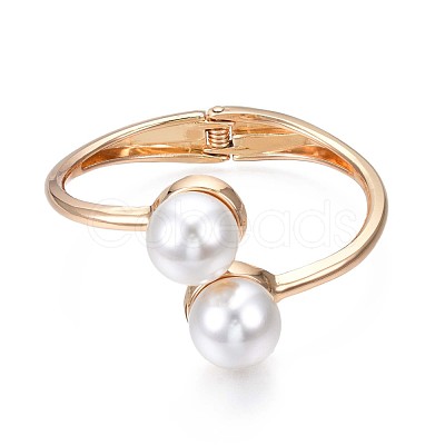 ABS Plastic Pearl Round Beaded Open Cuff Bangle BJEW-S118-106G-1