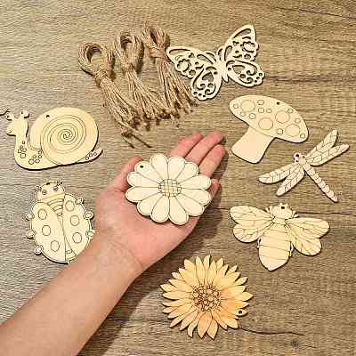 40Pcs 8 Styles Unfinished Wood Pendants WOOD-CJ0001-65-1