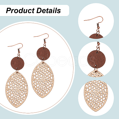 ANATTASOUL 3 Pairs 3 Colors Wood Hollow Oval Dangle Earrings with 304 Stainless Steel Pins for Women EJEW-AN0004-83-1