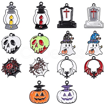 14Pcs 14 Style Halloween Theme Rack Plating Spray Painted Alloy Enamel Pendants ENAM-YW0003-84-1