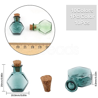 CHGCRAFT 10Pcs 10 Colors Hexagon Dollhouse Miniature Glass Cork Bottles Ornament AJEW-CA0003-49-1