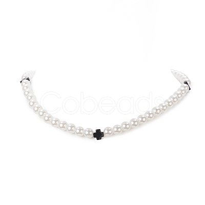 Natural Black Onyx Cross & Acrylic Imitation Pearl Beaded Necklace for Women NJEW-JN04218-1