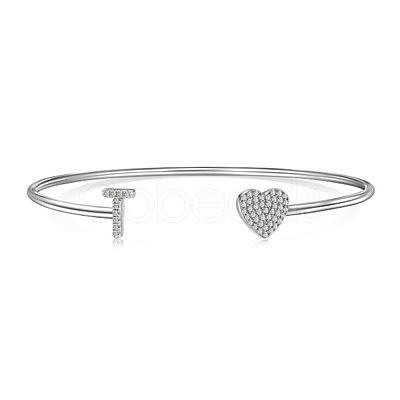 Anti-Tarnish Heart & Letter Rhodium Plated 925 Sterling Silver Micro Pave Cubic Zirconia Cuff Bangles for Women BJEW-C062-01T-P-1