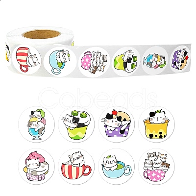 Round Paper Cat in Cup Cartoon Sticker Rolls X-PW-WG36611-01-1