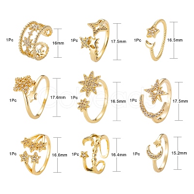 9Pcs 9 Style Adjustable Brass Micro Pave Clear Cubic Zirconia Cuff Rings RJEW-LS0001-18G-1