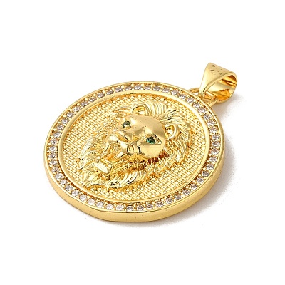 Flat Round with Lion Rack Plating Brass Micro Pave Clear Cubic Zirconia Pendants KK-K377-55G-1