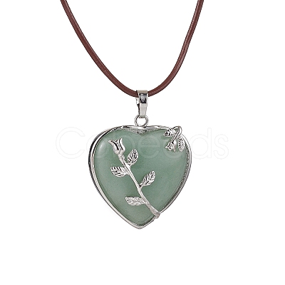 Natural Green Aventurine Heart Pendant Necklace with Cowhide Leather Cords NJEW-JN04598-03-1