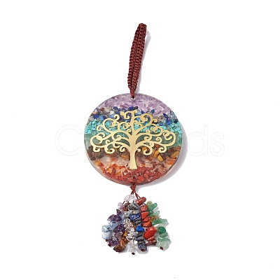 Flat Round Chakra Resin Gemstone Pendant Decorations HJEW-G017-01G-1