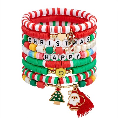 9Pcs 9 Style Word Happy Christmas Handmade Polymer Clay Heishi Surfer Stretch Bracelets Set with Acrylic Pearl sgBJEW-SW00070-1