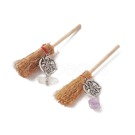 Halloween Wood Mini Broom Witches Broomstick Straw Broom Home Decorations AJEW-JD00007-1