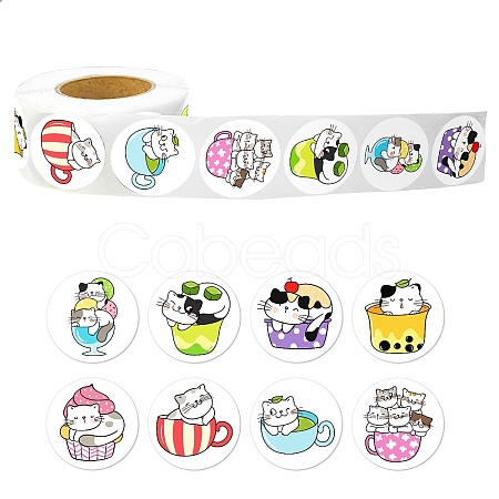 Round Paper Cat in Cup Cartoon Sticker Rolls X-PW-WG36611-01-1