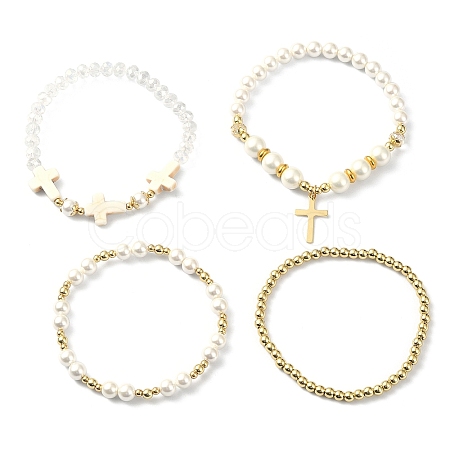 4Pcs 4 Style Shell Pearl & Glass Beaded Stretch Bracelets Set BJEW-TA00327-1