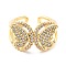 Brass Micro Pave Cubic Zirconia Cuff Ring, Long-Lasting Plated, Butterfly, Real 18K Gold Plated, US Size 7(17.3mm)